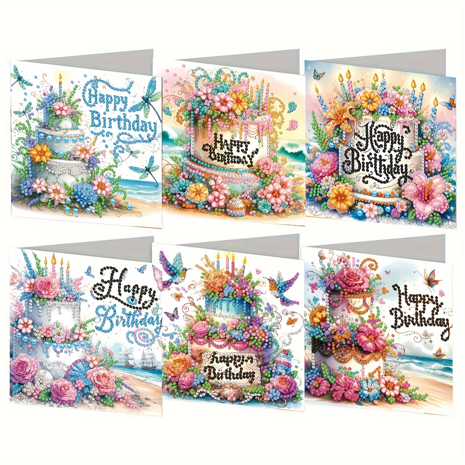 

6-pack Diamond Painting Kits, Art, Diy Handcrafted, Round Shape, Birthday & Holiday Party Invitation Cards, Floral & Dessert Cake Themed, With White Envelopes, Unique Paper Crafts For Home Decor