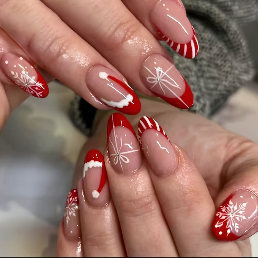 TEMU 24pcs Of Christmas Press-on Nails – Featuring Red Striped French Tips, Christmas Hats, And Glittery Snowflake Designs, Short Almond-shaped Shiny