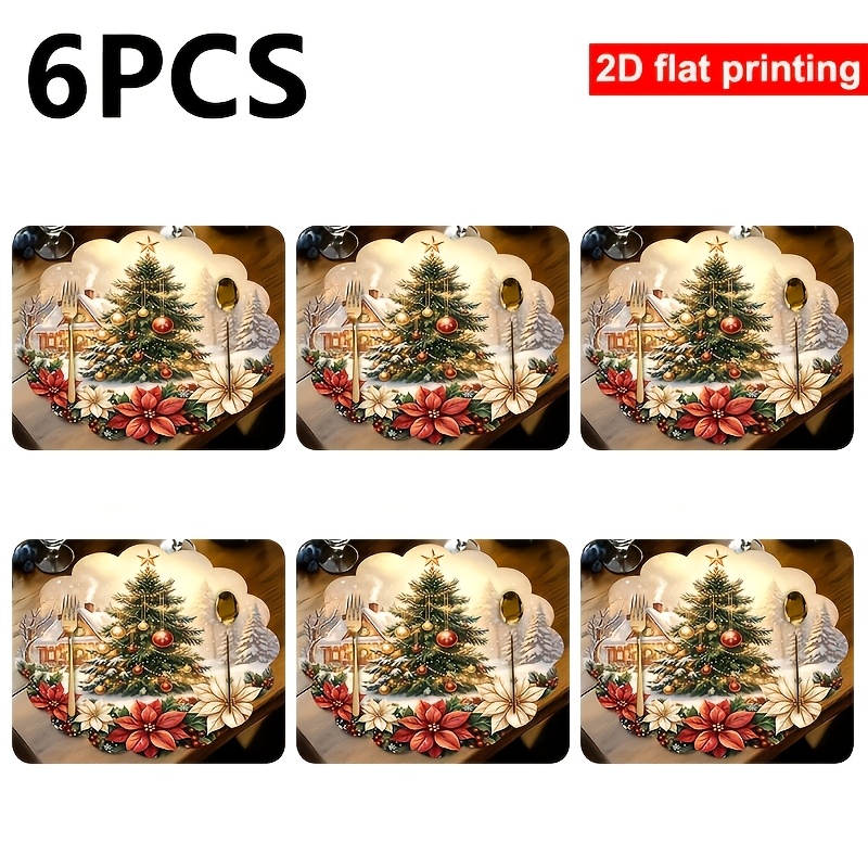 TEMU 6pcs Christmas Tree Round Placemats, 2d Flat Printed Wavy Lace Winter Snow Scene Cabin Poinsettia Table Mats, Washable Heat-resistant Non-slip