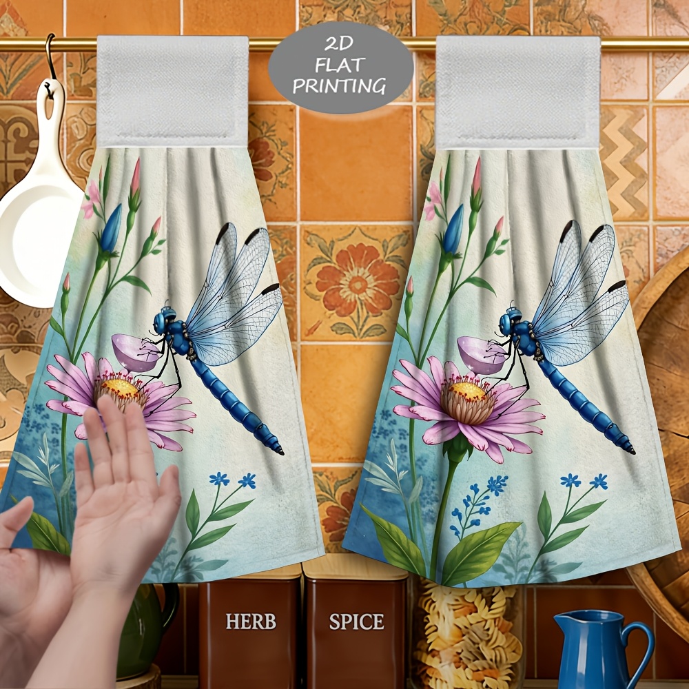 TEMU 2pcs Dragonfly Floral Nature Art Print Pattern Hanging Hand Towel, Multifunctional Hand Towel, Soft Microfiber, Fine , Soft And Skin-friendly,