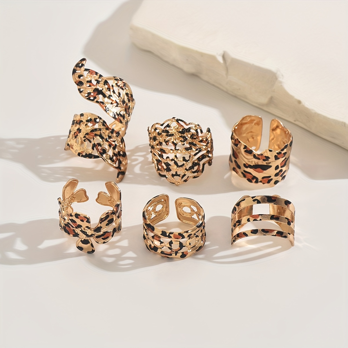 6pcs Vintage Individual Trendy Cool Sexy Grand Floral Leaf Mixed Leopard Print Open Stackable Rings