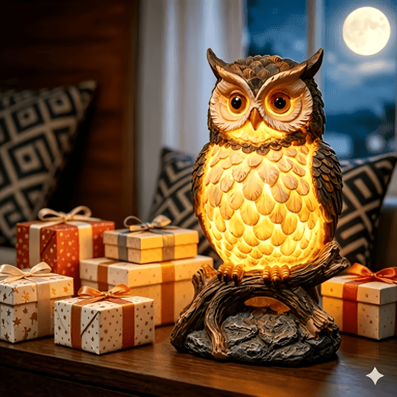 TEMU Resin Light, Usb Powered Warm White Led Owl Lamp With On Off Switch, Realistic Owl Figurine Table Lamp For Bedroom Bedside Shelf Decor, Soft