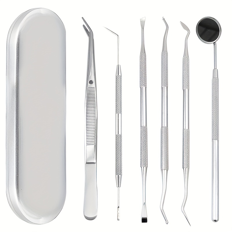 

3/4/5/6pc Teeth Hygiene Kit With Stainless Steel Tweezers, Oral Mirror, Scaler, Pick, Tartar Scraper - Professional Teeth Cleaning Tool Set For Men & Women With Carrying Case
