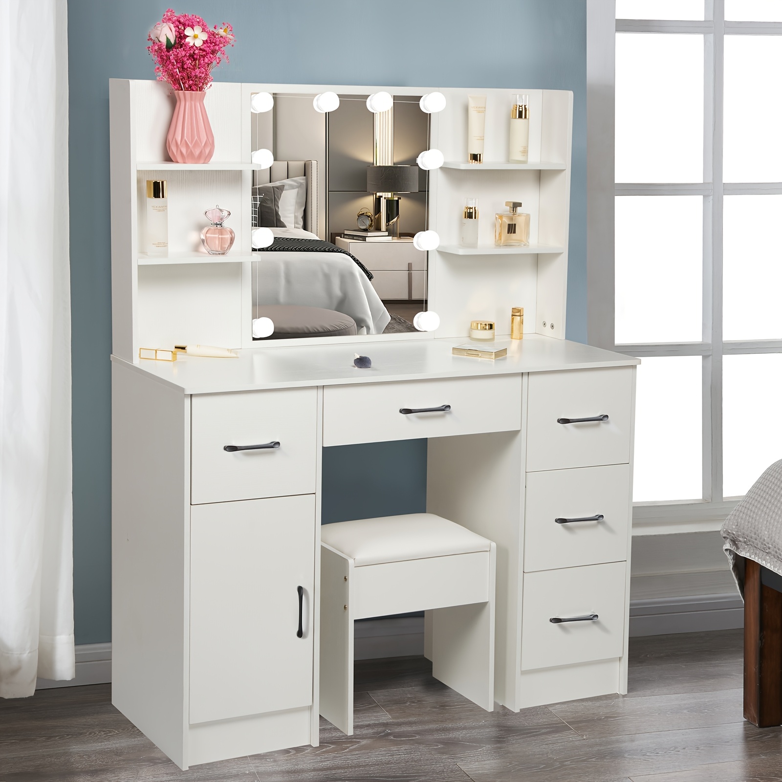 Modern White Solid Dresser with Illuminated Mirror