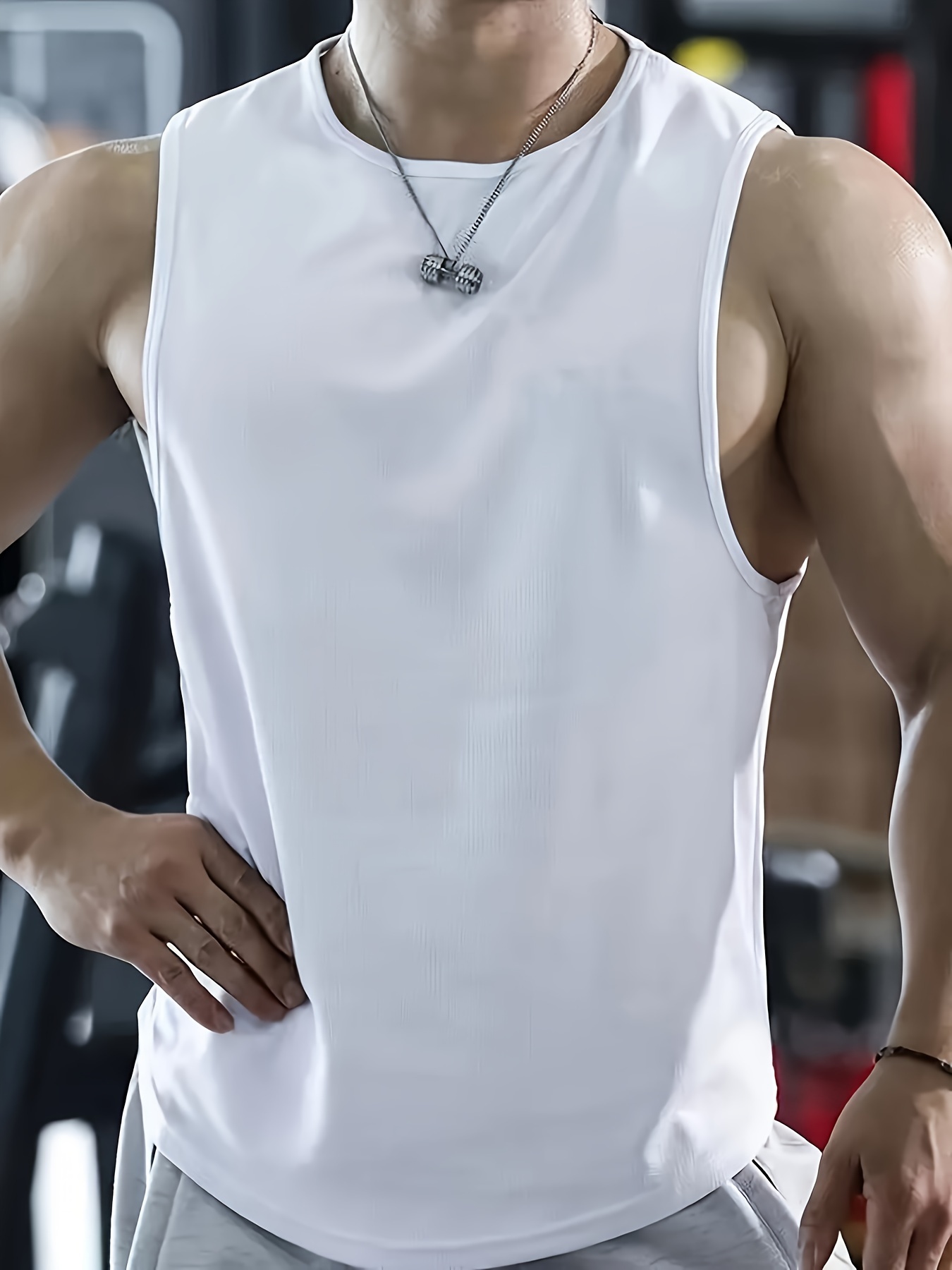 [Lightweight Design] Men's Quick-Dry Sleeveless Gym Shirt - Breathable, Moisture-Wicking Polyester Mesh Tank Top for Running & Fitness, Round Neck, Regular Fit, Sports Vest|Casual Sports Style|Breathable Mesh, Gym Clothes, PLUS SIZE