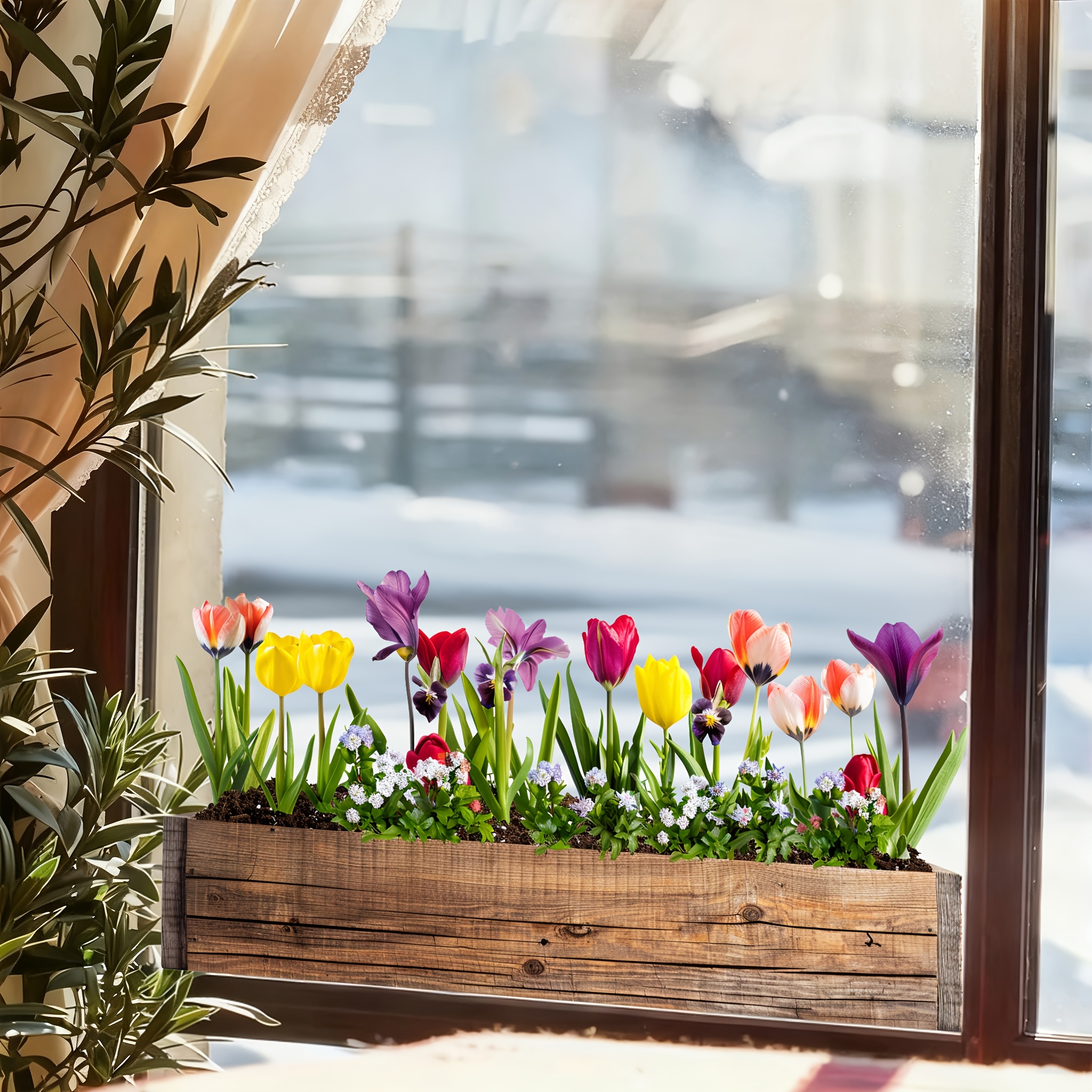 TEMU Vaso di fiori in legno sul davanzale con tulipani colorati, adesivo statico per finestra, decorazione realistica, adesivo per primaverile per il