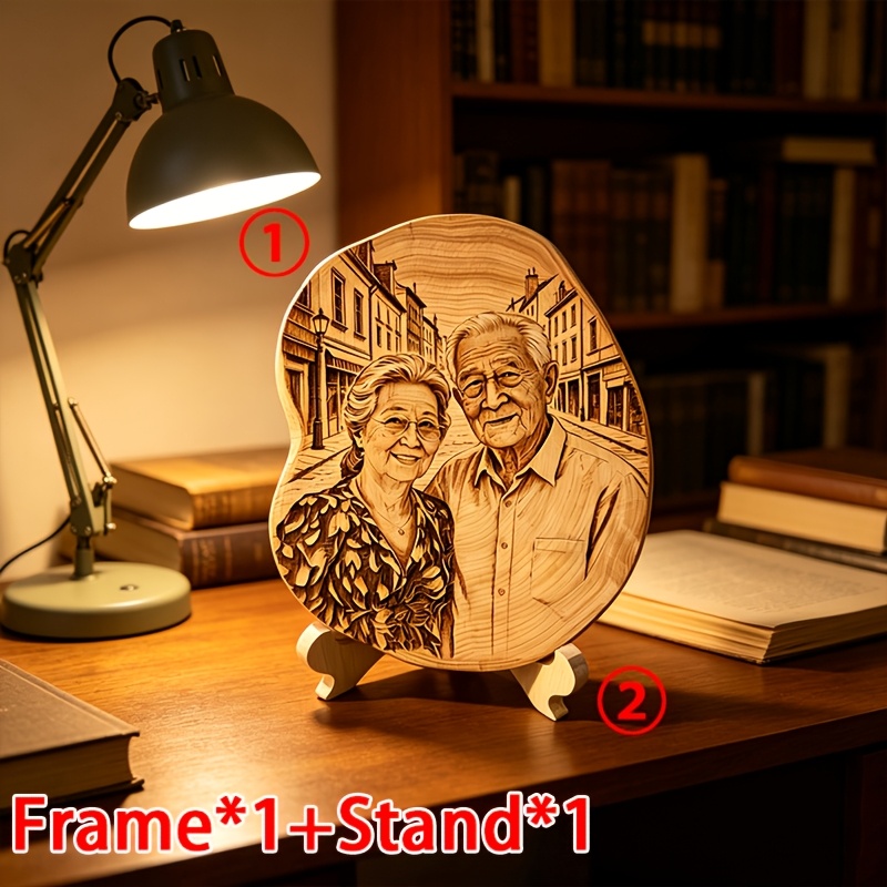 TEMU 2d Flat, 2d Flat - 2pcs Set: 1 Photo Frame + 1 Base. Vintage- Wood Decorative Photo Ornament With Wooden Stand. Customizable For Warm Family