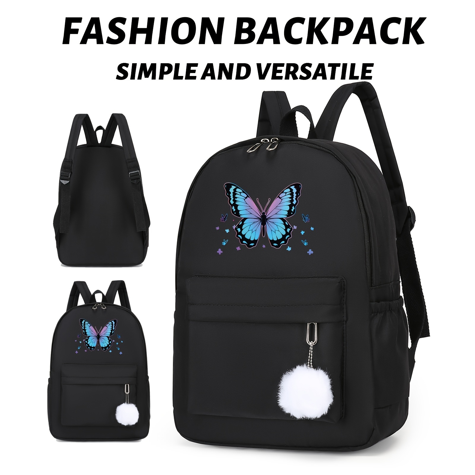 

Butterfly Pattern Trendy Versatile Backpack, Large Capacity Durable Zip Up Multi Layers Knapsack, Suitable For Travelling Outings Hiking Mountaineering