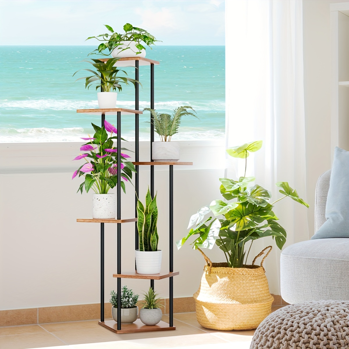 TEMU Wooden High Plant Stands With 4, 5, 6, Or , Metal Racks For Indoor Use, Multi-tier Planter Shelves For Corners, Flower Pot Display Stands, And