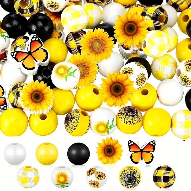 

50pcs Sunflower And Butterfly Printed Wooden Beads Set, 16mm, Multicolor, Loose Spacer Beads, For Diy Necklace, Earrings, Bracelet, Home Decors Crafts And Accessories