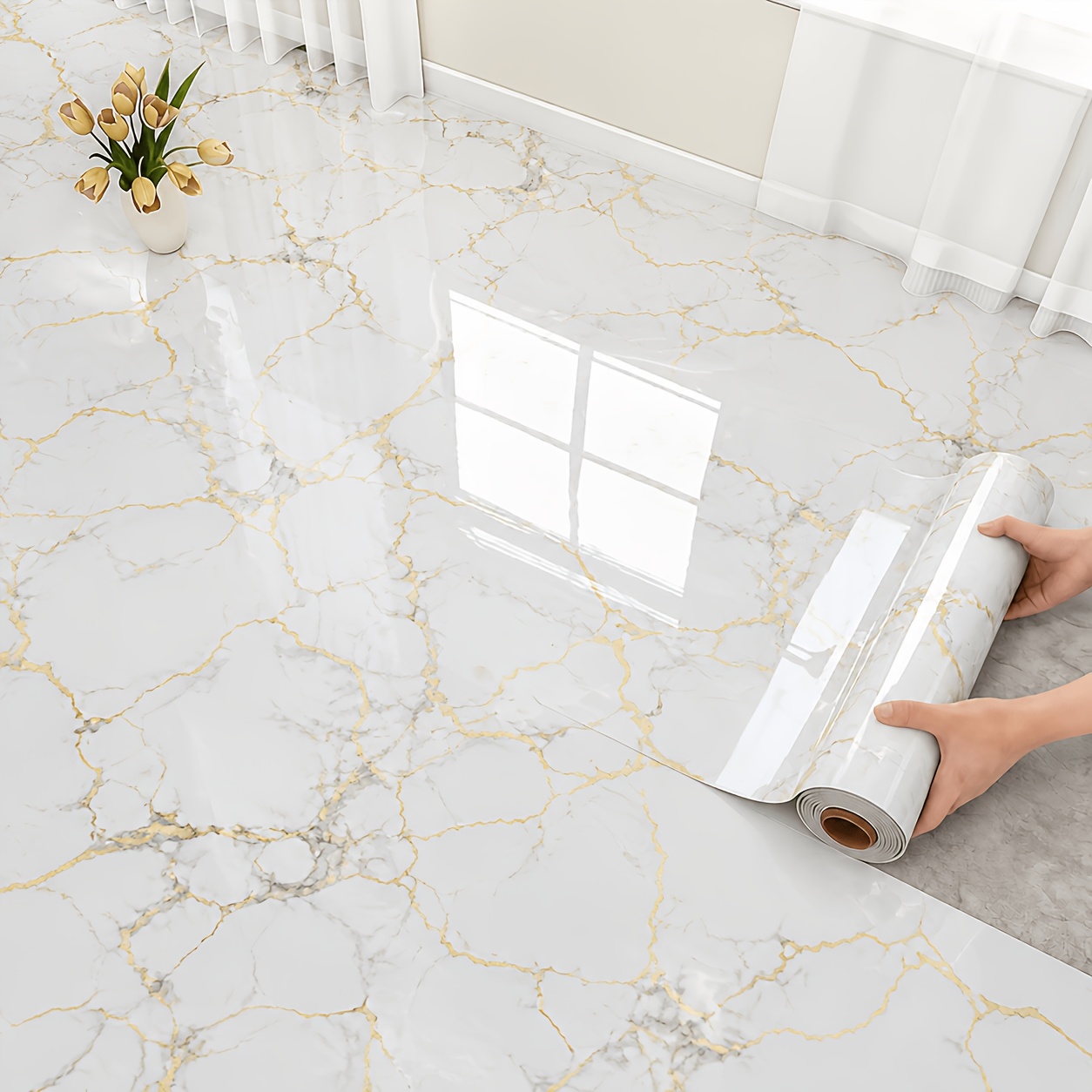 TEMU 1 Roll 2.11mm Thick Xpe With Adhesive Vinyl Flooring - Large Size, 3 Colors Available - Peel And Stick Floor Sticker - Waterproof,
