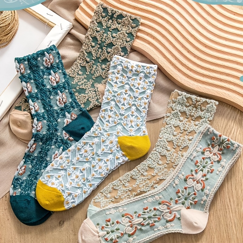TEMU 5 Pairs Women Retro Mid Calf Socks, Embossed Style Long Socks For Autumn And Winter