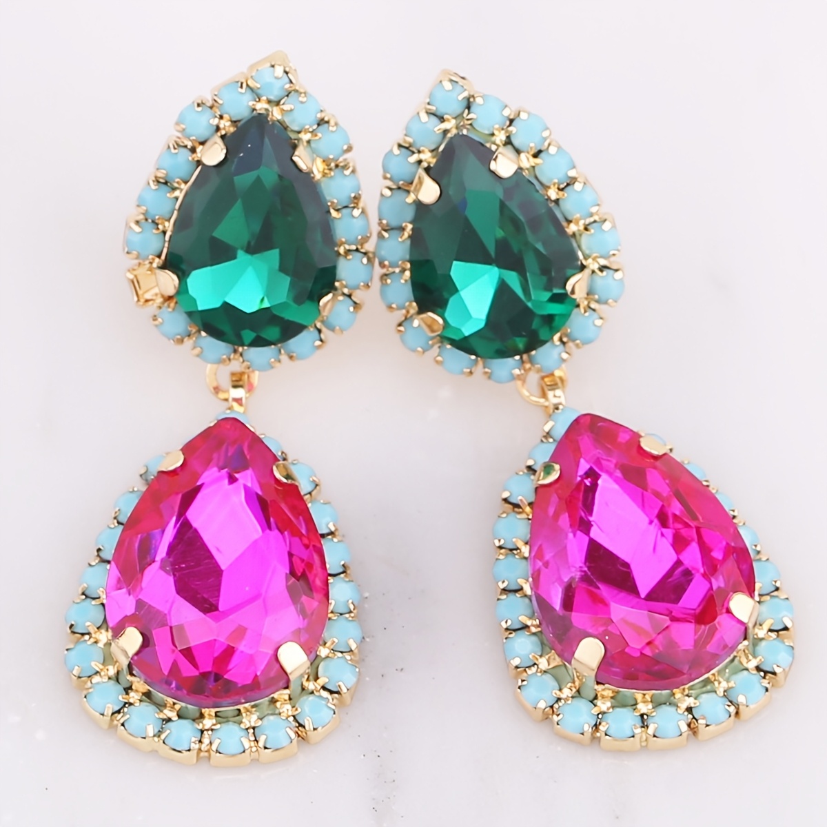 Elegant Drop-Style Women’s Stud Earrings with Pink and Green Glass Gemstones, Golden-Tone Copper Base, * Casual Attire, Weddings, and Parties, Everyday Earrings | Stylish * | Glass Gemstone Earrings, Novelty Earrings