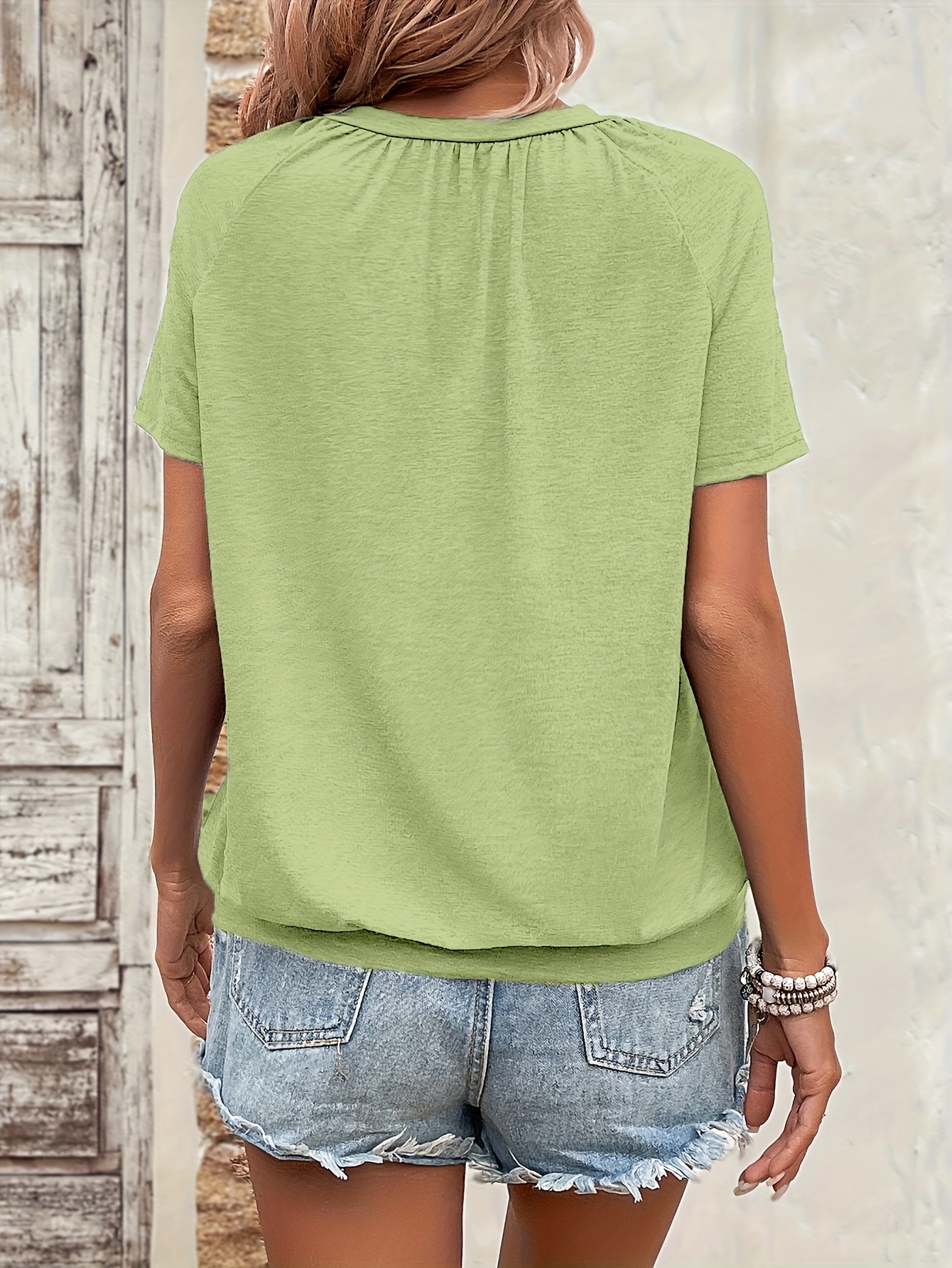 Solid Color V Neck T-Shirt, Casual Short Sleeve T-Shirt For Spring & Summer, Women's Clothing