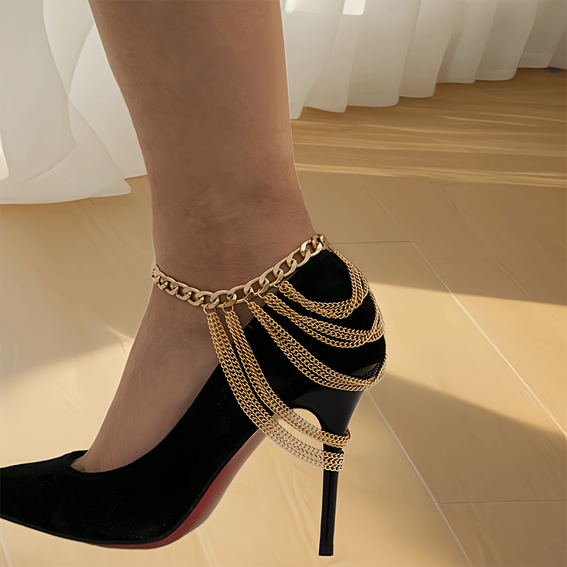 

Multi-layer Stacking Tassel Foot Chain Geometric Chunky Chain Elegant Sexy Style Women's Golden Anklet For Banquet And Party Wearing