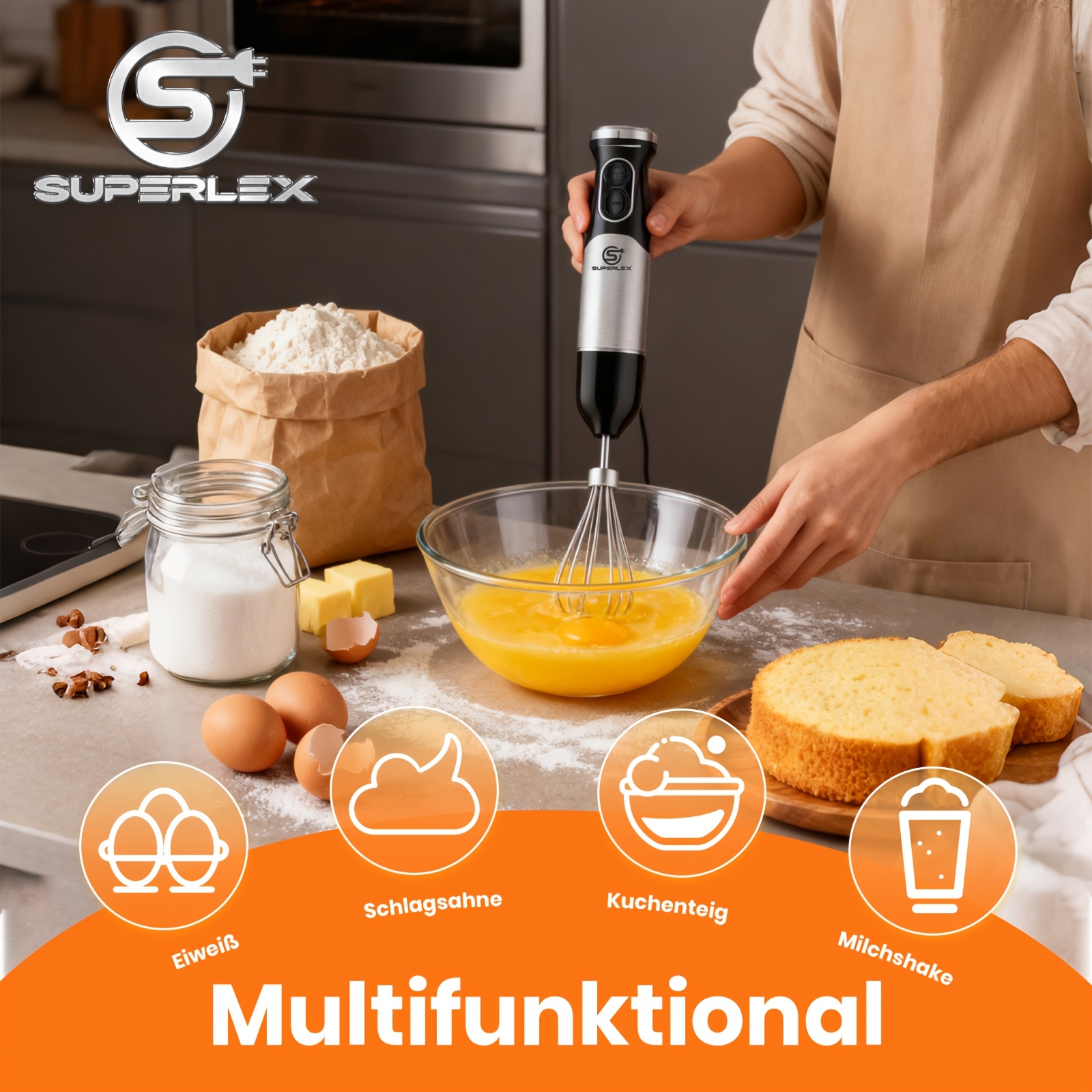 E-shop 2-Gang 3-in-1 Stabmixer - SUPERLEX Edelstahl Schneebesen Leiser Mixer für Babynahrung Smoothies