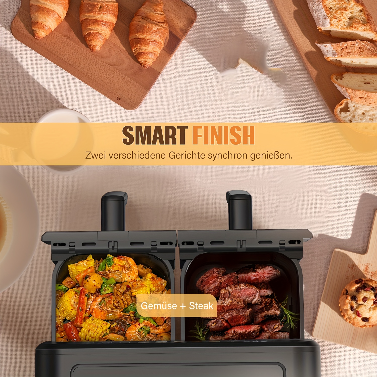 10L Dubbele Mand Airfryer Oven met Easy View Windows, Sync Finish, Hi-Fry, Auto Shutoff, 2 Onafhankelijke 5L Anti-aanbak Frituurmanden, Digitale Dubbele Air Fryer, Snelle & Gemakkelijke Maaltijden in Minuten, Met Digitale Timer en Schudherinnering