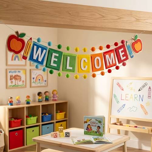 item picture welcome and pom pom banner with and pencil decorations multicolor welcome banner multi layer design