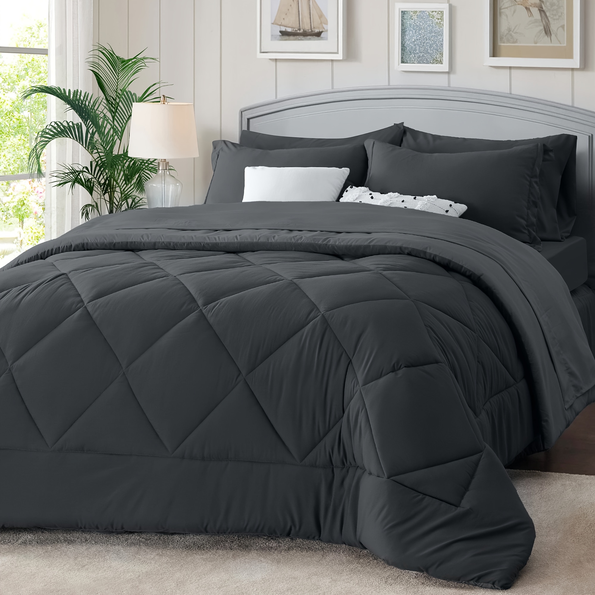 

Dark Grey King Size 200gsm Comforter Set - 7 Pieces Reversible Bed In A Bag Bedding Set For Bedroom All Season With Comforter, Flat Sheet, Fitted Sheet, 2 Pillow Shams, 2 Pillowcases
