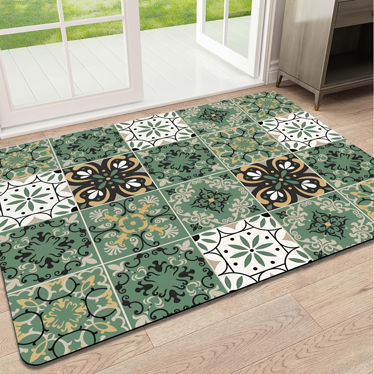 TEMU 1pc Coffee Machine Absorbent Mat, Dish Drying Mat - Green Vintage Persian Check Pattern - Kitchen Countertop Protector Mat, Coffee Bar Mat,