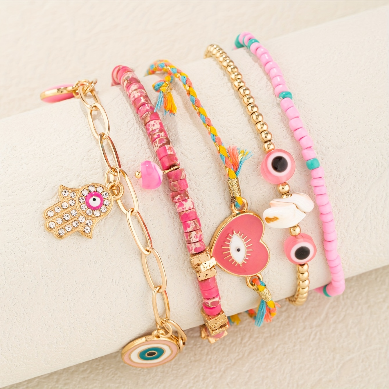 TEMU 5-piece Bead Charm Bracelets With Evil Eye Pendants - Elegant, Cute No-plating Rhinestone Accents For Party, Vacation, Mardi Gras - Fashion Jewelry Set