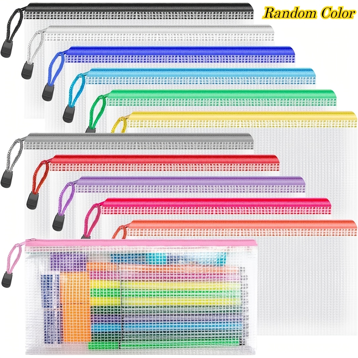 12pcs Multi-use Mesh Pouch Set | Bill/checkbook Size Zipper Bags For Organizing Stationery, Documents, Cosmetics And Travel Essentials | Random Colors