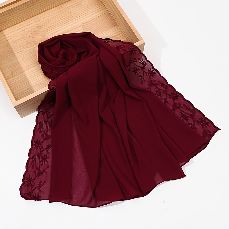 TEMU 1pc Women' Color Pearl Chiffon Leaf Embroidery Lace Scarf Malaysian Indonesian Headscarf Fashionable Elegant Shawl Hijab
