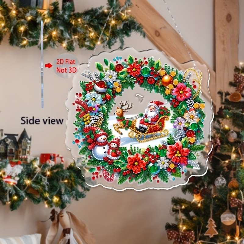 Image of 2d/flat Dty Diamond Painting Pendant, Santa Claus Wreath Hanging Decoration - Unique Acrylic Wall Decor Gift. This Unique Handmade Art Set Is For Home Decoration And An Ideal Gift For