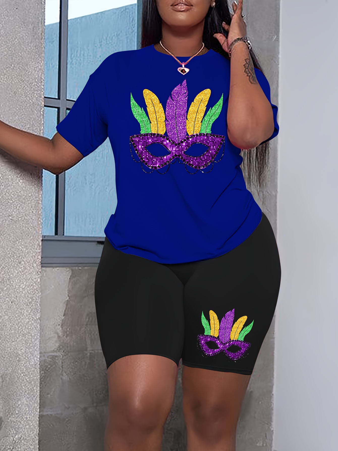 Plus Size Graphic Print Two piece Crew Neck Short Sleeve Top Temu New