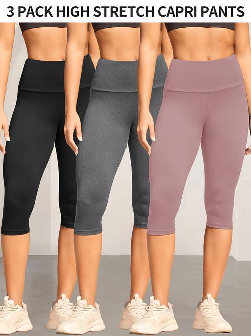 3 pack womens high waisted tummy control yoga capri pants super soft non see through workout leggings high machine washable solid color for running gym casual wear spring summer fall