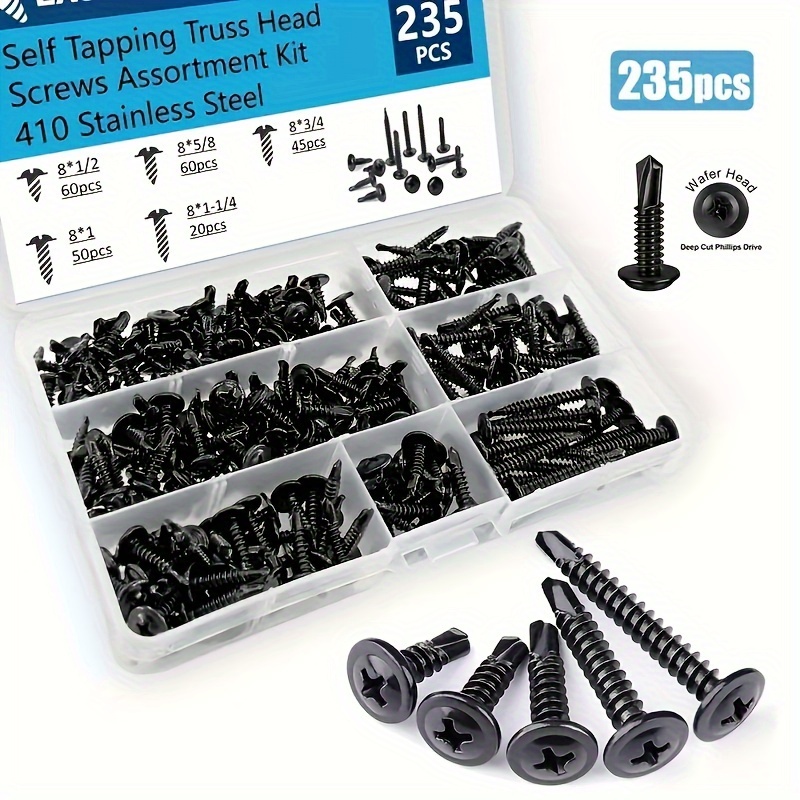 

235pcs #8 Self Drilling Tek Screw Assortment Kit, Modified Truss Head Self Tapping Sheet Metal Screws, Black Oxide 410 Stainless Steel, Length 1/2" To 1-1/4
