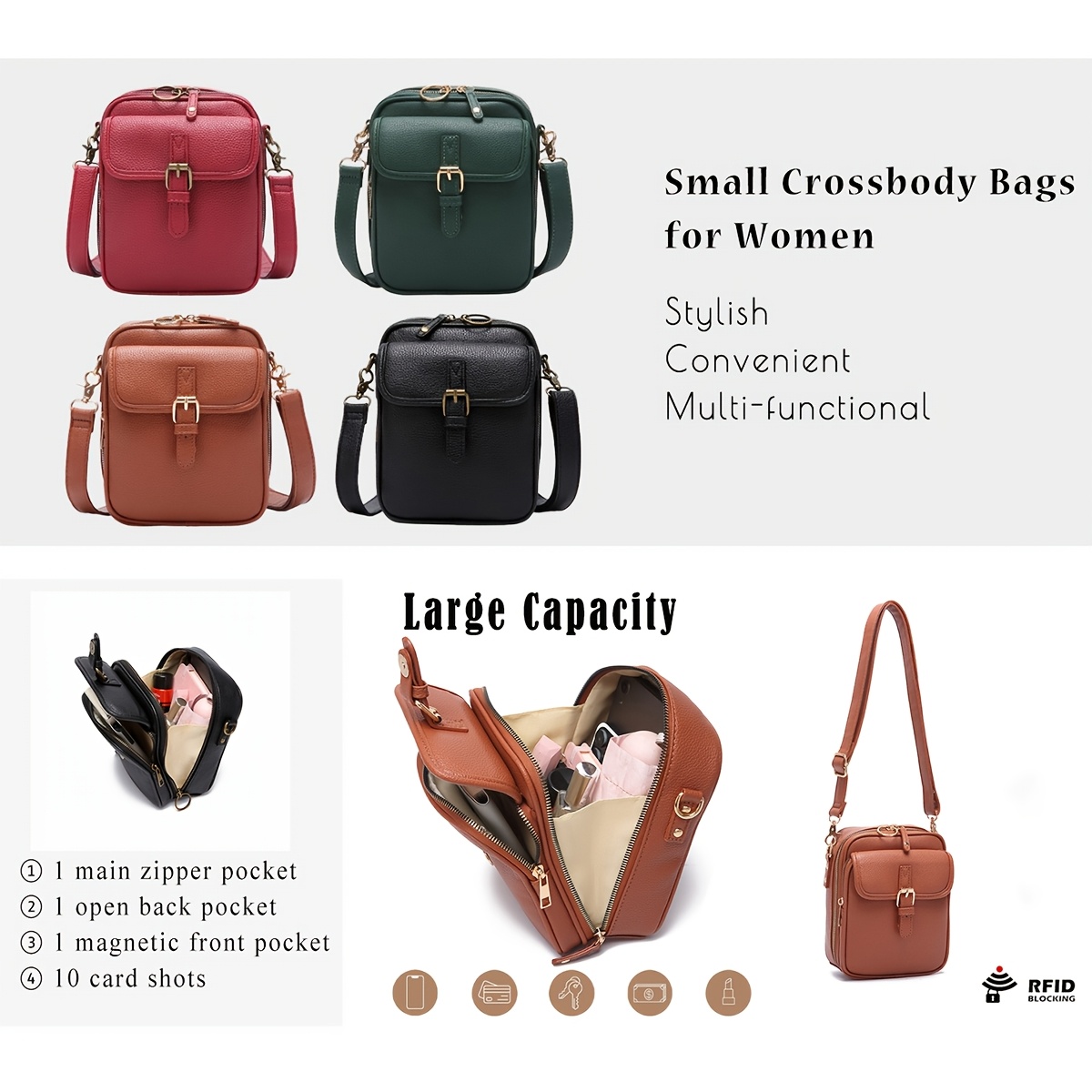 vintage synthetic faux leather crossbody bag for women and men rfid protection solid color removable strap zipper closure polyester lined shoulder purse with card slots small messenger bag Product details 1