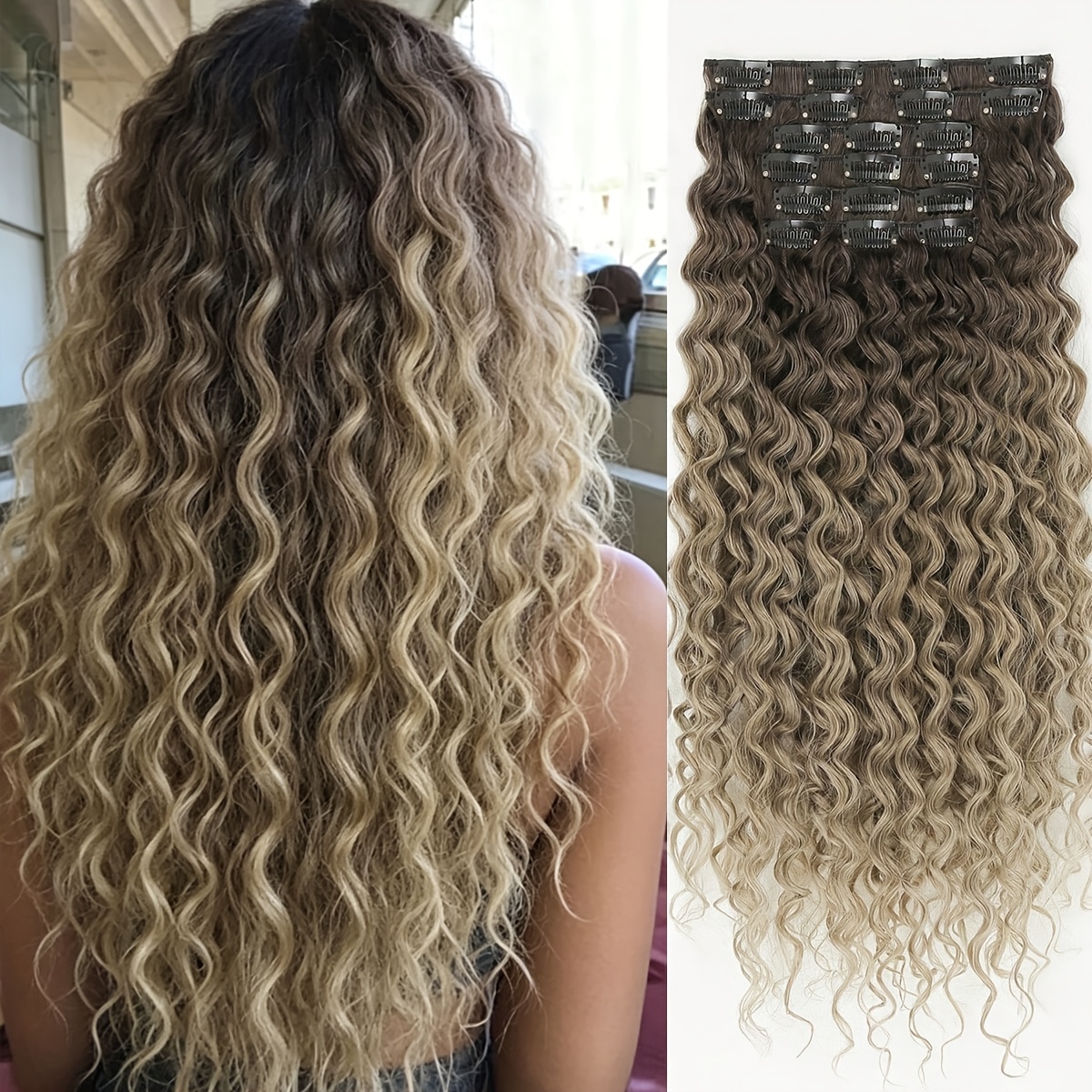 TEMU Extensions de cheveux, 7pcs 18 pouces Bouclés Clip-In Extensions de cheveux Longues Douces Épaisses Synthétiques pour femmes - rouge foncé