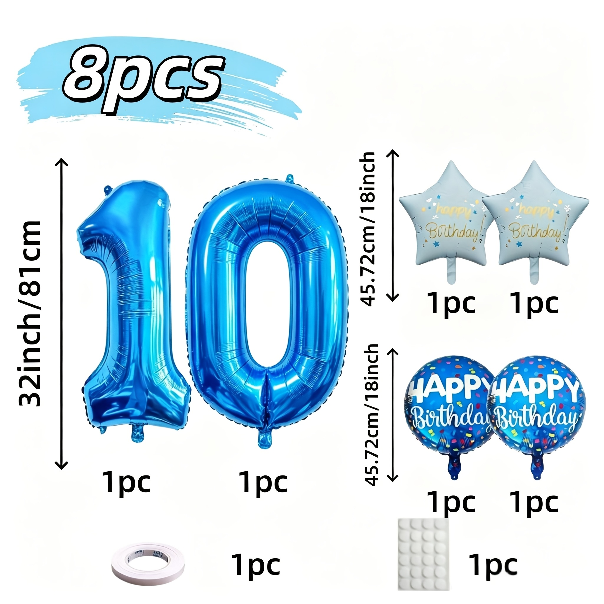 TEMU 8pcs, Blue Digital Birthday Balloon Set, Happy Birthday Round Balloons And Star Aluminum Foil Balloons, 10 15 16 18 19 Digital Balloons, Boys'
