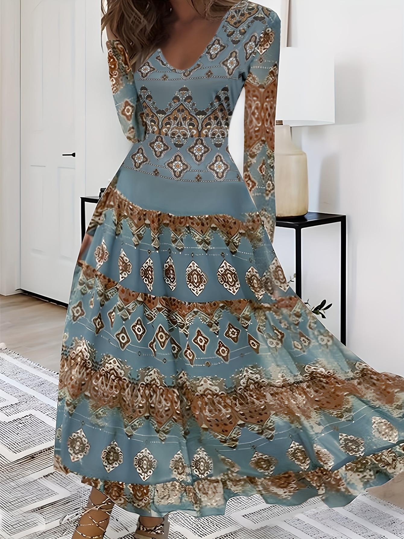 blue embroidered flower dress Long Sleeve Embroidered Tulle Gown 2 / Sky Blue main image 1
