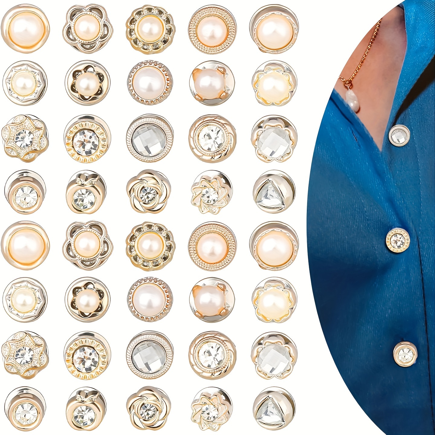 

20/40pcs Assorted Pearl And Diamond Instant Buttons Pins Set, 0.4in Chic Jeans Fasteners, No-sew Brooch Covers & Lapel Pins, Metal Decorative Accessories For Shirts, Jackets, Suits, Sweaters