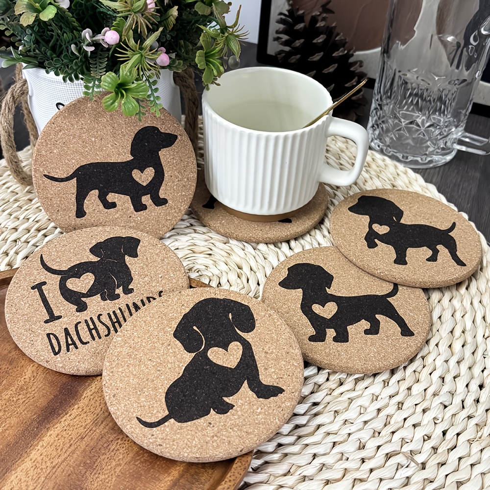 

6pcs Handcrafted Cork Coasters With Dachshund & Heart Designs - "i ♥ Dachshund" Engraved, Rustic Style Drink Mats For Mugs, Glasses, Coffee Cups - Ideal Gift For Dog Lovers, Fits Holidays