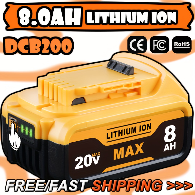 TEMU 8.0ah 20v Battery Replacement For 20v Max Lithium-ion Battery For Del1810 Dcb200 Dcb201 Dcv580 Dcb180 Dcb203 Cordless Tools