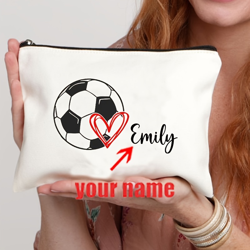 

1pc Custom Soccer Heart Makeup Bag - Personalize , Lightweight & Foldable Cosmetic Pouch, Ideal For Travel & Soccer Enthusiasts, White Polyester, Machine Washable