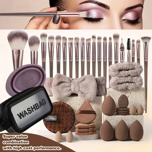 professional makeup brush set face eye makeup brush with washbag 20 brushes hair ties wristbands large sponges fan thumb makeup brush cleaning bowl face wash complete cosmetics tool kit easy to carry traveling
