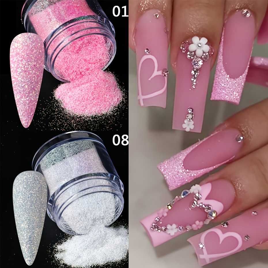 Image of 2pcs 2-color Sugar Nail Glitter Powder Suitable For Nail Art, Iridescent Shimmer Dust For Wedding, Valentine's Day, Manicure, Pedicure, Nail Polish Decorations, Instant Charm For Diy Nail Designs