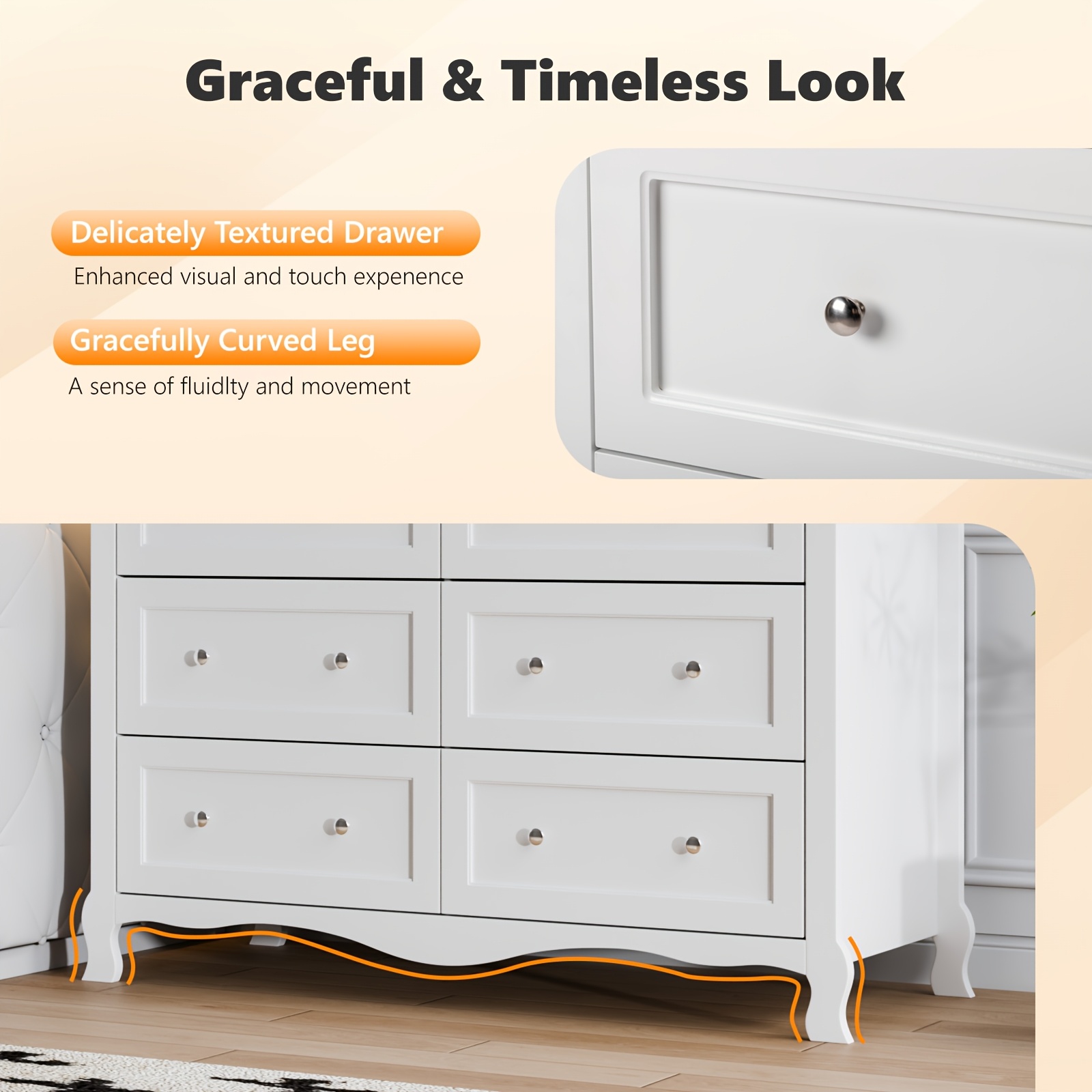Bonnlo Wood Dresser Chest Of Drawers, Clothes Storage Dressers with Curved Legs And 6 Drawer for Bedroom