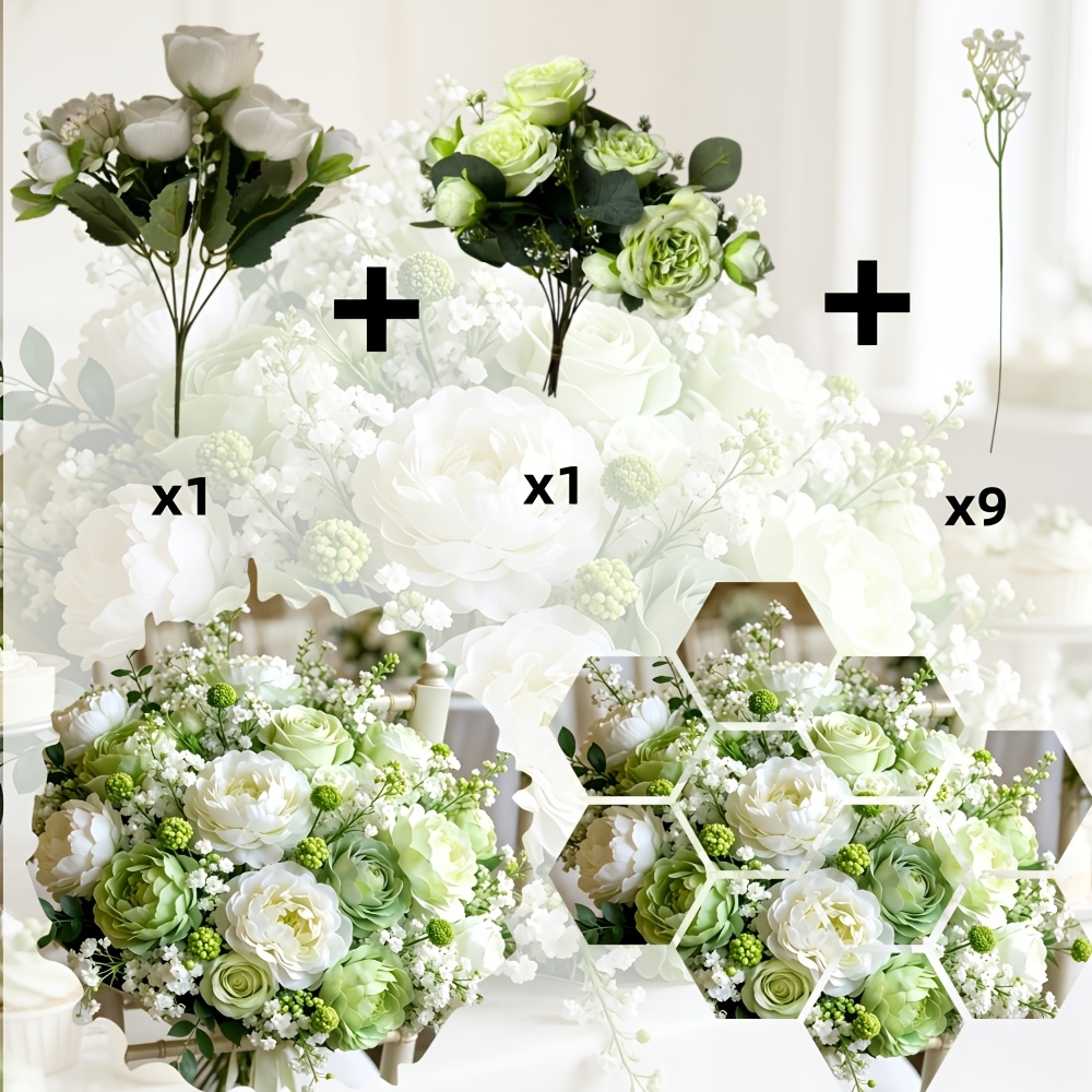 TEMU Green And White Peony And 's Breath - High-end, High-rated Artificial Colored Simulation Peony Bouquet - Realistic Touch Flowers, Outdoor/home