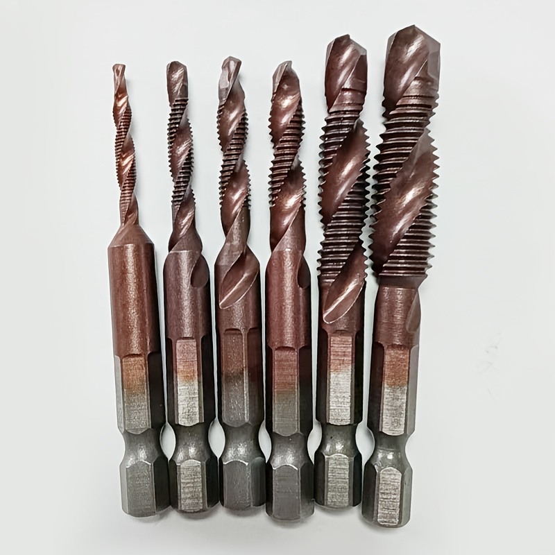 Image of 6pcs Set Of Cobalt Alloy Steel Drill Bits And Taps, With Countersink And Deburring Functions- Metric Sizes M3 To M10, 1/ 4inch Hex Shank