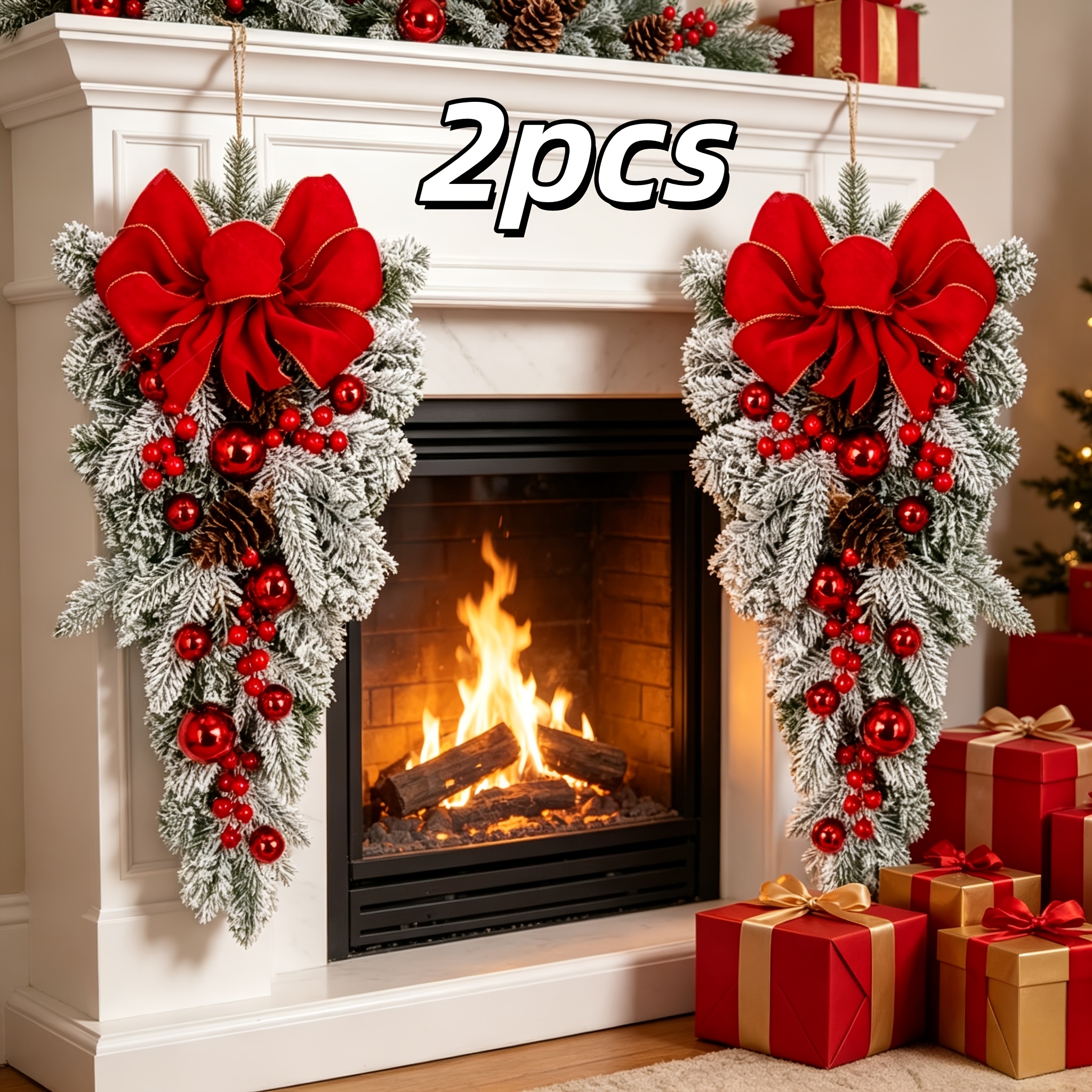 TEMU 2pcs Swags Hanging Flower Decorations Christmas Stair Garland Door Hanging Christmas Decorations Suitable For Stairs, Walls, Fireplaces, Home