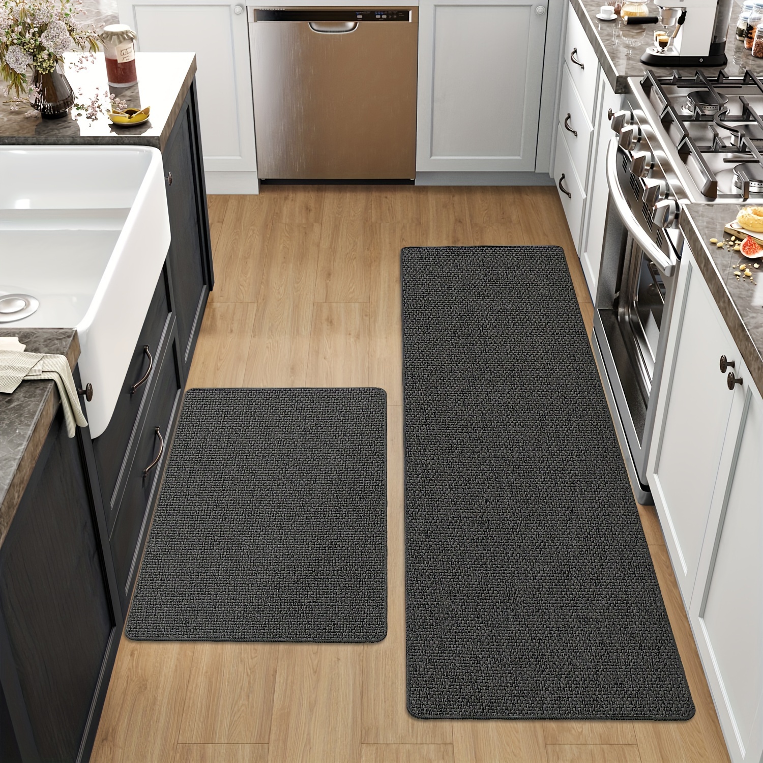 

2 Pc Kitchen Rugs And Mats, Thin Non Skid Washable Kitchen Runner Rugs Set Of 2, Absorbent Kitchen Mats For Floor, Comfort Standing Mat For In Front Of Sink, Laundry Room, 17"x29"+17"x59", Dark Grey