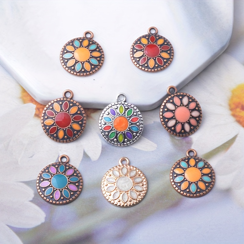 E-shop 12 Stück Böhmische Blumen-Zinklegierungsanhänger – Runde bunte Ohrringe & Halsketten-Anhänger für DIY-Schmuckherstellung, Armbänder,