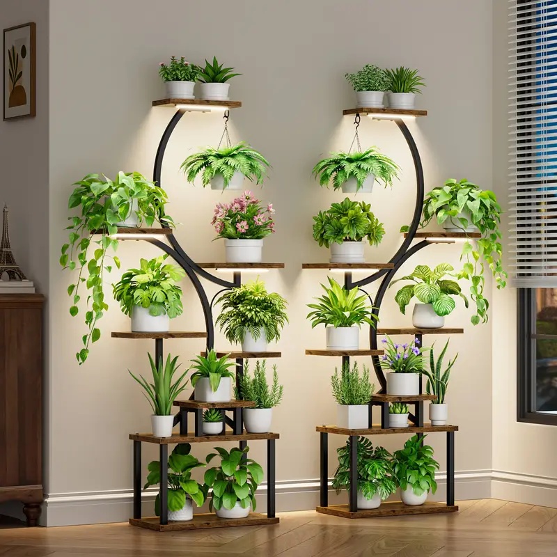 8-Tier   Metal Plant Stand   Lights - 157.48cm Tall Indoor/Outdoor Plant Shelf, Adjustable Sturdy Shelves for Home, Patio, Office - Space-Saving Multi-Plant Holder, No Battery Needed, Plant Decor, Sshaped Design, Durable Construction
