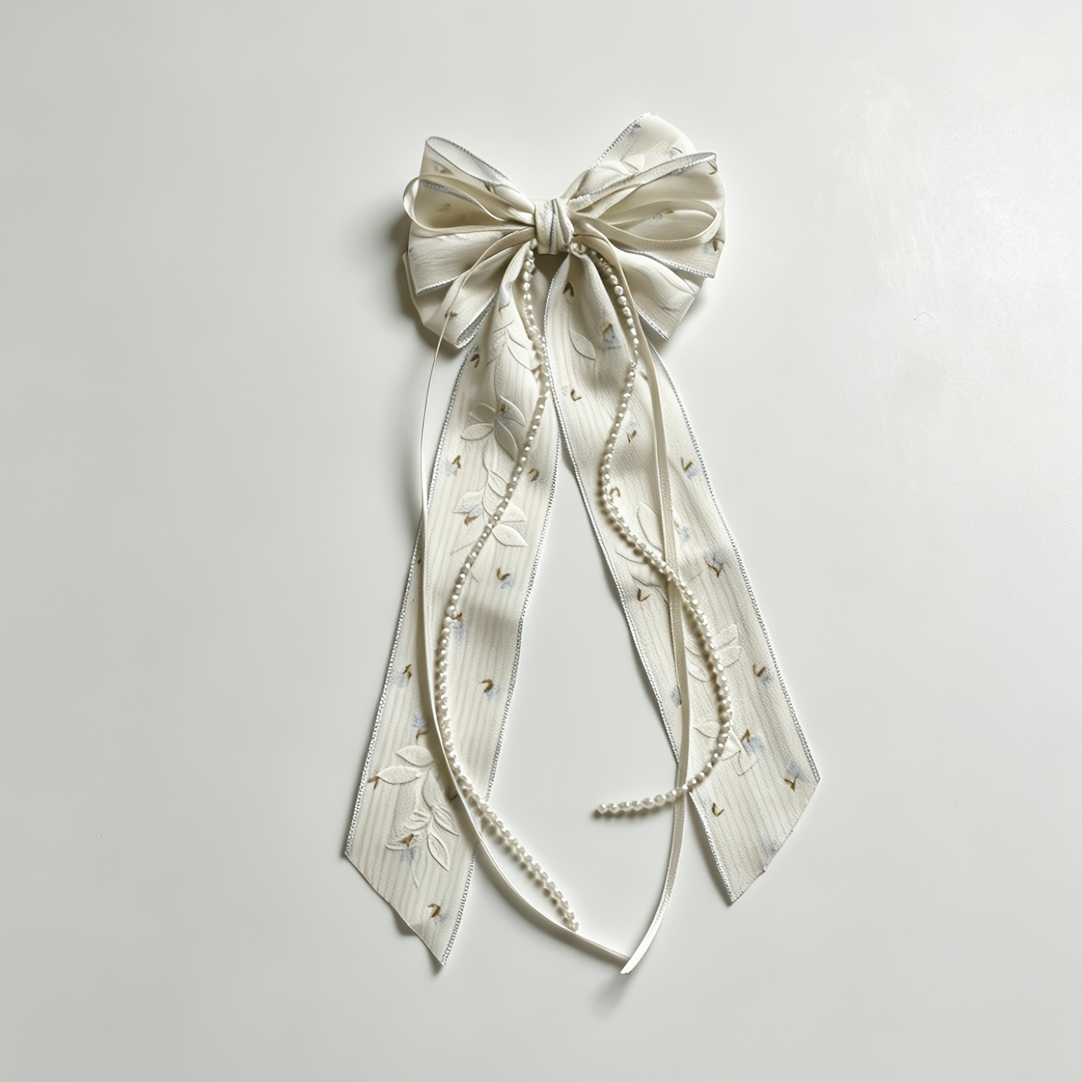TEMU 1pc Elegant Floral Stripe Satin Bow Hair Clip With Pearl Chain Tassel, Long Ribbon Bow Barrette, Romantic Cottagecore French Style Hair