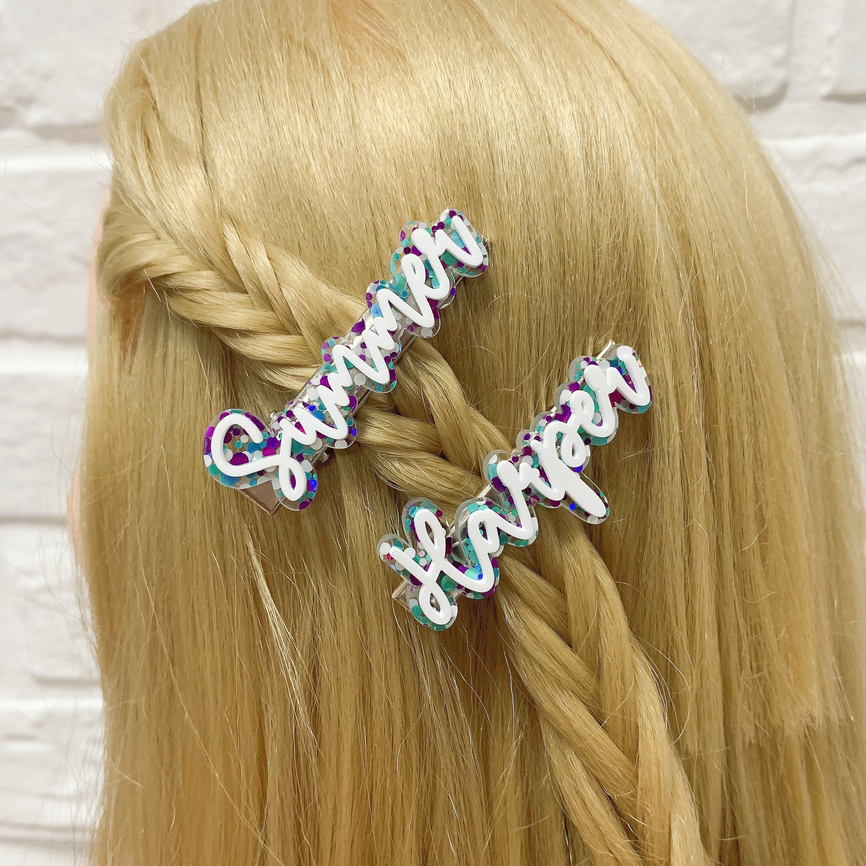 

Custom Acrylic Name Hair Clip - Personalized 3d Double-layer English Letters, Long Rectangle Shape With Sparkle Accents - Hairstyles & Unique Gift Idea